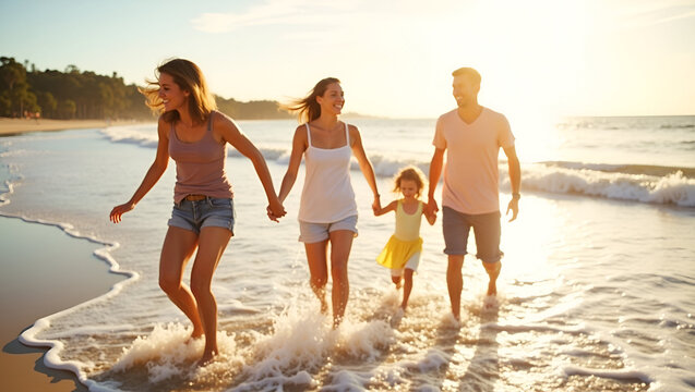 Realistic depiction vacation happiness captured by smiling family on sunlit beach enjoying waves and warm breeze during memorable holiday moment in  Photo Stock  Concept  and empty space on the left s
