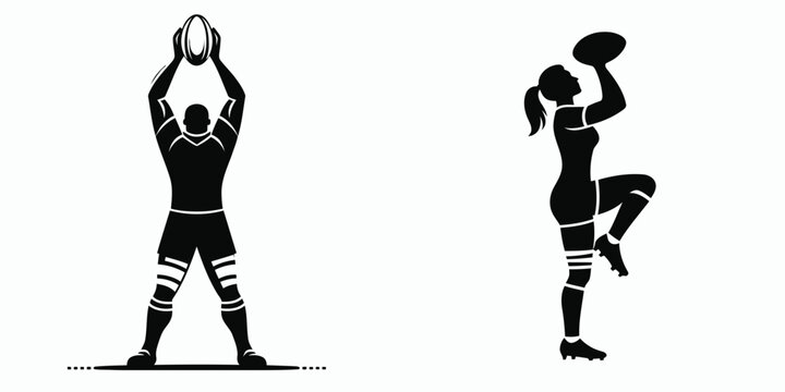 A Rugby player lineout lift. Sports Activity Playing Game Athlete Competition Clipart Line Art Vector Illustration. Action during match muscular man assists another teammate the throw.