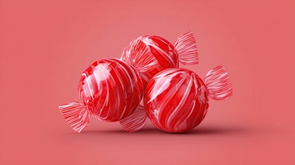 Three glossy red and white striped hard candies on a solid coral background