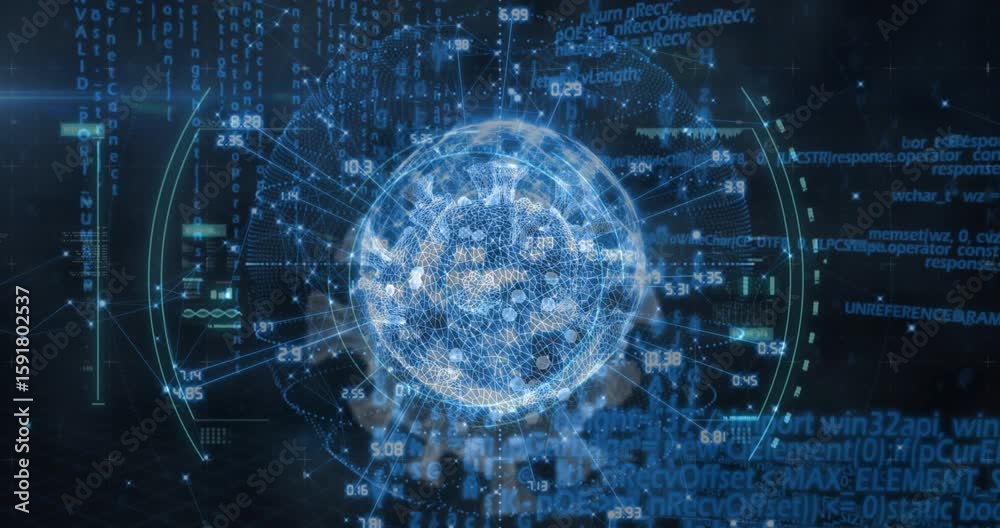Poster interface opening revealing wireframe globe lit nodes materializing rotating illustrating data net
