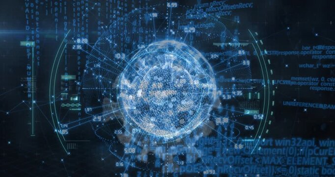 Interface opening revealing wireframe globe lit nodes materializing rotating illustrating data net - Powered by Adobe