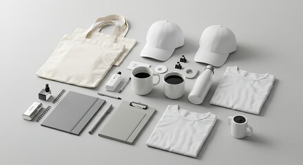 Various white promotional items including tshirts, bags, and caps