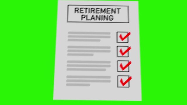 Retirement planning document animation. A paper checklist with red checkmarks for tasks completed is ideal for presentations on finance, savings, and investment strategy. Seamless loop