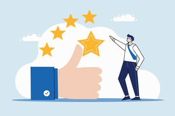 Flat illustration of business owner give big thumb up with five stars symbolizing high quality service 