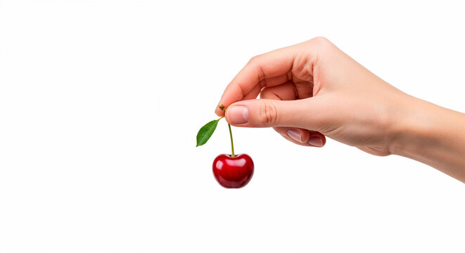Hand holding a single cherry with a green leaf against a white background