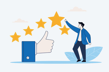 Flat illustration of business owner give big thumb up with five stars symbolizing high quality service 