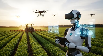 Virtual Reality Robot Operating Drone for Smart Farming in Green Fields