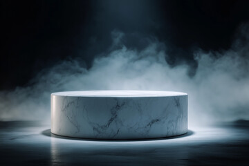 White Marble Pedestal with Fog and Moonlight. Luxury Minimal Studio Display