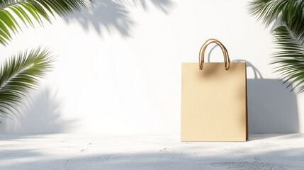 Minimalist e commerce product photography featuring plain kraft paper shopping bag with rope handles, placed white surface. background includes soft shadows of tropical palm leaves, creating