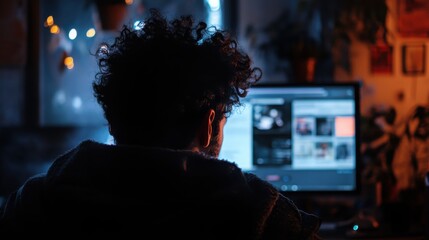 Focused young individual engrossed in the virtual realm, immersed in a tech-infused sanctuary, their attention completely absorbed. 