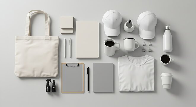 A flat lay of white promotional items, including tshirts, caps, and mugs