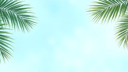 Realistic watercolor illustration of clear blue sky framed by palm leaves layered pastel washes and fine brush strokes capturing summer clear sky atmosphere in  Photo Stock  Concept  and empty space o