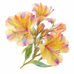 Alstroemeria Bouquet: Delicate pastel yellow and orange alstroemeria flowers, their petals showcasing vibrant hues and intricate details, arranged in a charming bouquet.