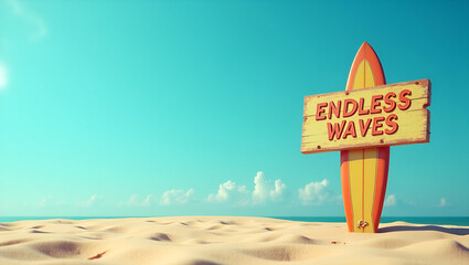 Endless Summer Vibes: Vintage Surfboard in Sand with Sun-Faded Signage Promising Waves Under Azure Sky - Perfect Photo Stock Concept with Empty Space