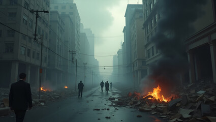 High-Resolution Photo Stock: Realistic Depiction of Financial Crisis Aftermath with Distressed Environments and Emphasis on Narrative - Empty Space for Text