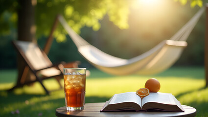Serene Summer Relaxation Scene: Open Book, Iced Tea, and Sunlit Hammock in Garden Shade - Perfect for Tranquil Lifestyle Concepts
