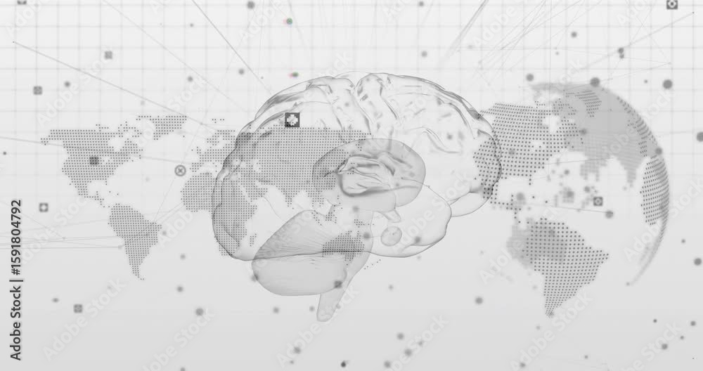 Poster brain model entering left, pulsing nodes over map, rotating lines, settling right visualizing data
