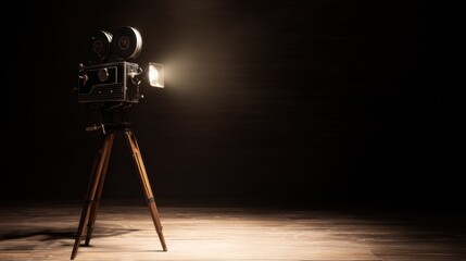Classic old-fashioned film projector on wooden tripod with large film reels, bright spotlight casting warm light on textured wooden floor, evoking nostalgic cinema atmosphere.