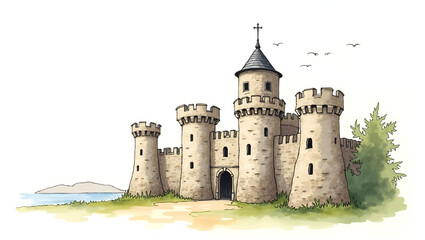 Watercolor Painting of a Majestic Stone Fortress: Hand-Drawn Battlements and Watchtowers in Gentle Pastel Hues - Historic Fortresses Style for Photo Stock with Empty Space on the Left