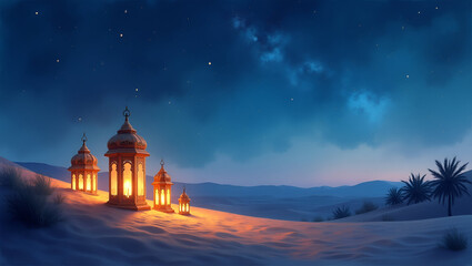 Realistic Watercolor Arabian Night Desert Scene with Lanterns and Stars - Pastel Silhouettes in Photo Stock Concept, Perfect for Art Lovers and Decor