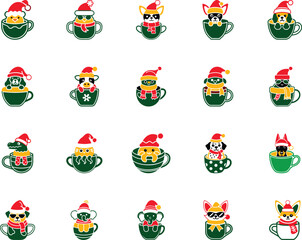 Festive cartoon animals wearing Santa hats inside green cups look charming and endearing on white
