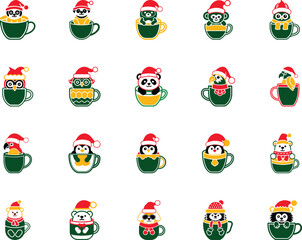 Festive Christmas spirit is shared by various adorable animals inside teacups all wearing Santa hats