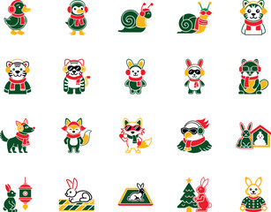 Naklejka premium Cheerful animals wearing scarves and winter accessories bring festive charm to the holiday icons