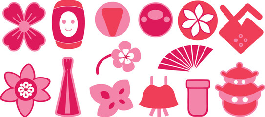 Vector art of a delightful assortment of japanese cultural symbols, featuring flowers, traditional attire, and festive elements in a charming flat style isolated on transparent background.