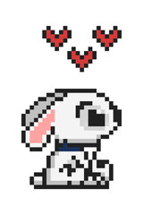 Cute Pixel Art White Bunny with Red Hearts Retro Style Animal Illustration