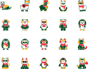 Winter animals are wearing scarves and earmuffs in a set, isolated on white