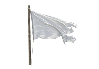 A tattered white flag blowing in the wind, attached to a wooden pole with rope, isolated on a transparent background