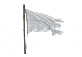 A tattered white flag blowing in the wind, attached to a wooden pole with rope, isolated on a transparent background