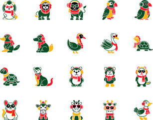The collection shows various animals wearing earmuffs and scarves in a green, red, and yellow color palette
