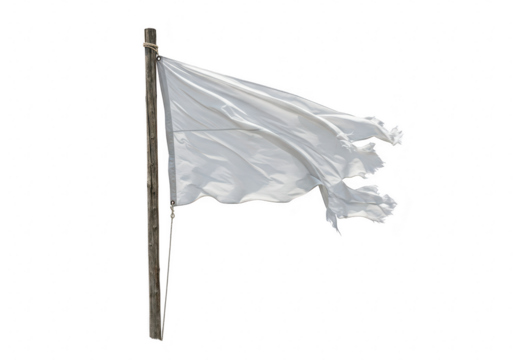 A tattered white flag blowing in the wind, attached to a wooden pole with rope, isolated on a transparent background