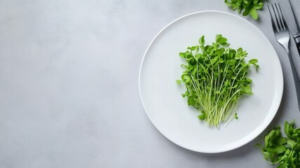 Fresh watercress, green, nutrient a leafy rich is presented on a white plate, emphasizing healthy eating habits