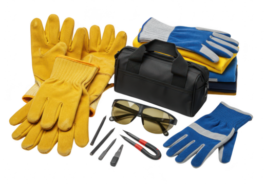 A collection of work safety gear including yellow and blue gloves, a tool bag, sunglasses, and pliers, isolated on white isolated on transparent background