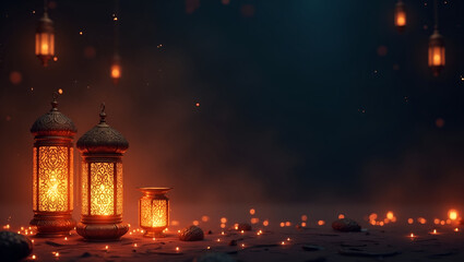 High Resolution Muharram Illustration with Lanterns and Calligraphy Motifs on Dark Background, Capturing Reverent Atmosphere and Authentic Cultural Expression, Photo Stock Concept