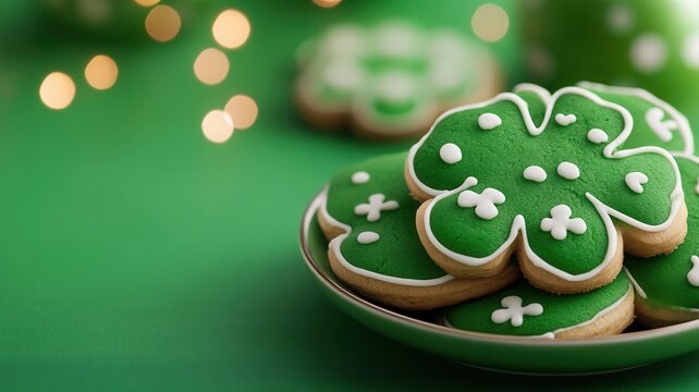 Green white iced homemade sugar cookies featuring delicate floral designs, saint traditional celebrating patrick's day festive baking - Powered by Adobe