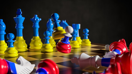 Russia's aggression against Ukraine. Chess in the colors of flags. 3D rendering illustration.