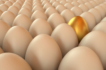 Lots of rendered eggs an one golden. Easter eggs. 3D rendering illustration.