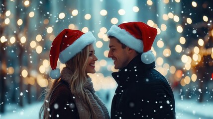 Festive couple embracing, wearing near hats, cuddling amid falling snow santa sparkling holiday city lights