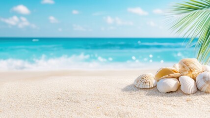 Variety of seashells and palm on resting leaf white sand beach with turquoise ocean and blue sky in background