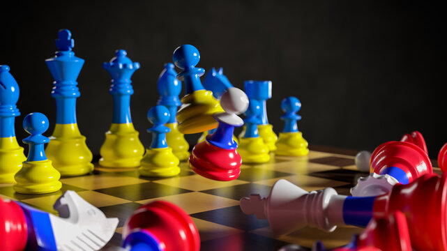 Russia's aggression against Ukraine. Chess in the colors of flags. 3D rendering illustration.