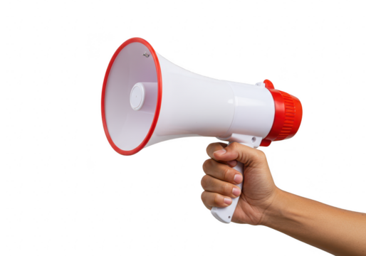 A hand holds a vintage white and red megaphone, isolated on a transparent background