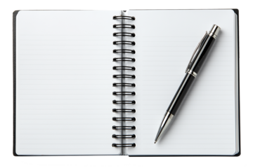 Classic spiral notebook with pen, top-down isolated PNG white style