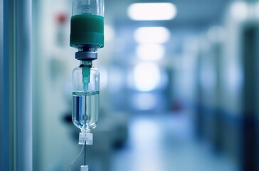 Close-up of an bag hanging on the wall, with focus on its green cap and clear glass vial filled with a white fluid inside.