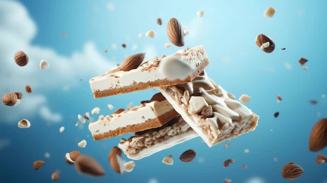 Floating Nut Bars with Creamy Layers and Almonds Against Blue Sky