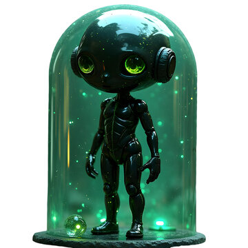 Futuristic alien automaton with glowing green eyes inside glass dome isolated on a transparent background