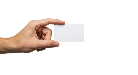 Obraz premium A clean, well-groomed caucasian male hand (30s-40s) gently holding a pristine, blank white rectangular matte card, presented against a transparent background with ample copy space, professional