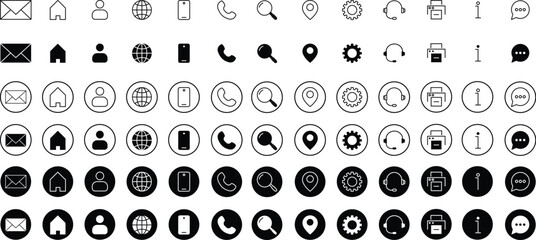 Contact icon set. Thin line and Solid icons vector collection. Web icon set. Phone, name, website, address, location and mail,  fax, info, logo symbol sign pack. Business icon for company.
